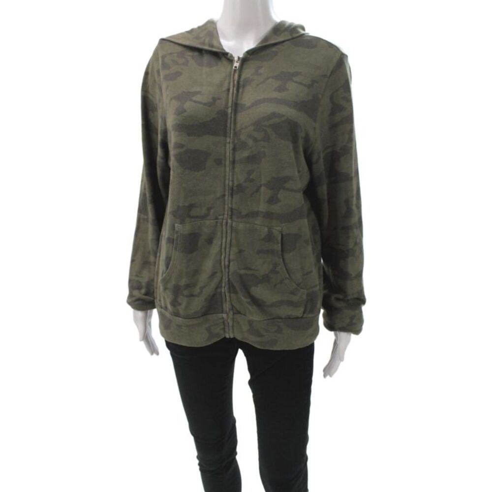 Monrow Womens Full Zip Camo Hoodie Green High Neck Long Sleeve Size L